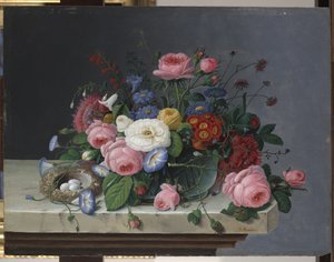 Stilleben med blomster og fuglerede, efter 1860